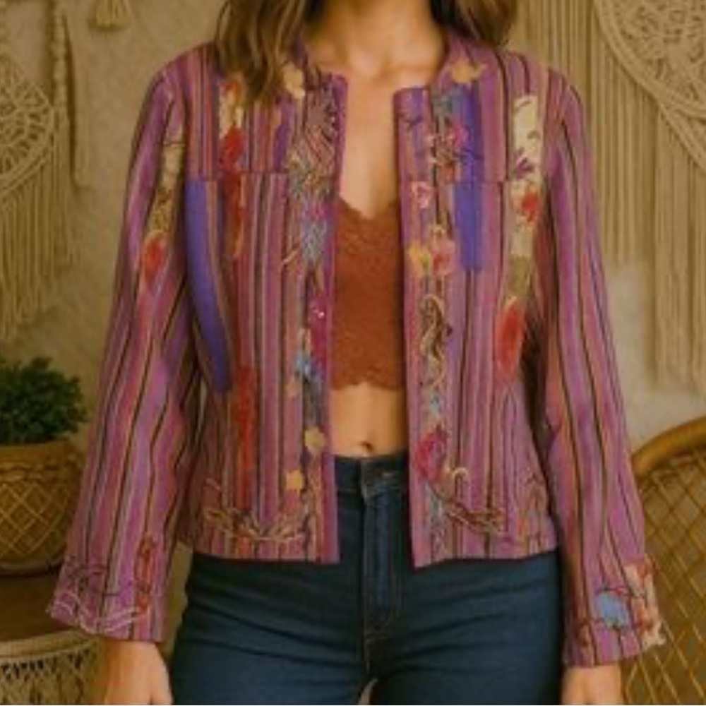 Chico's boho embellished art-to-wear 100% silk jacket embroidered sequins Small